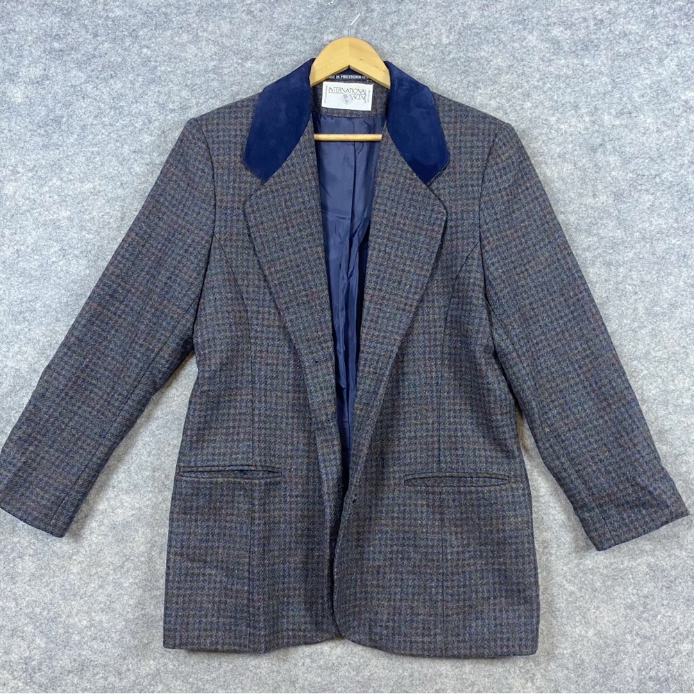 International Scene Vintage Wool Tweed‎ Blazer 12 Blue Plaid Academia Preppy